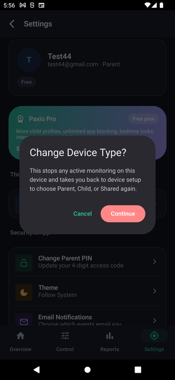 Paxio Change Device Type? warning dialog, with Cancel and Continue buttons