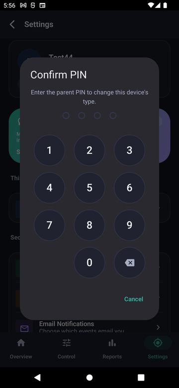 Paxio Confirm PIN dialog for changing this device's type