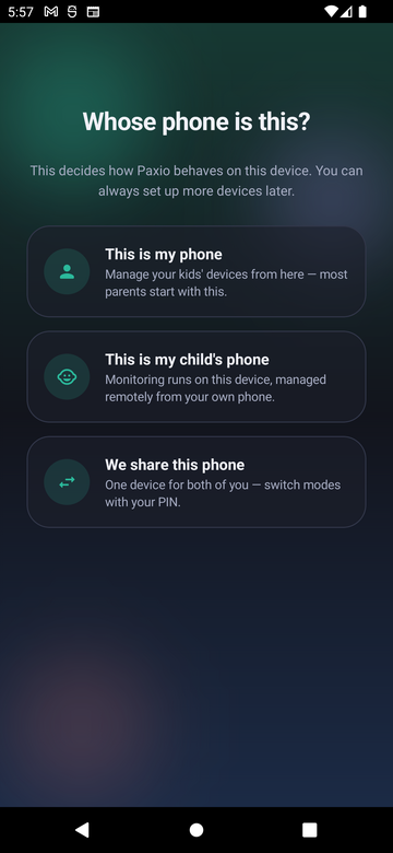Paxio Whose phone is this? screen shown when changing device type, with no onboarding step indicator
