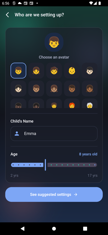 Paxio Who are we setting up? screen, with an avatar grid, name field, and age slider