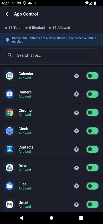 Paxio App Control screen listing installed apps with Allowed/Blocked status and toggles