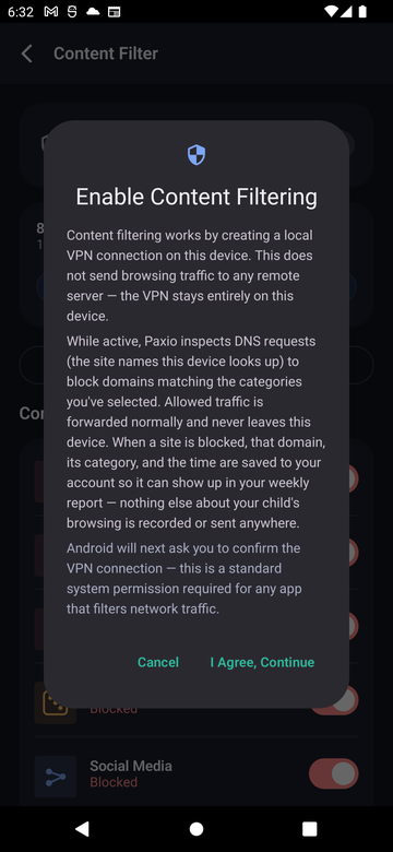 Paxio Enable Content Filtering disclosure dialog, explaining the local, on-device VPN