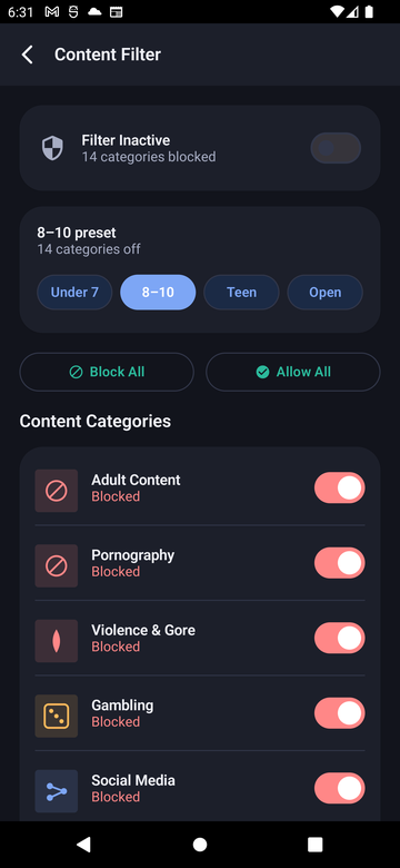 Paxio Content Filter screen with age presets and a list of content categories, each with a toggle