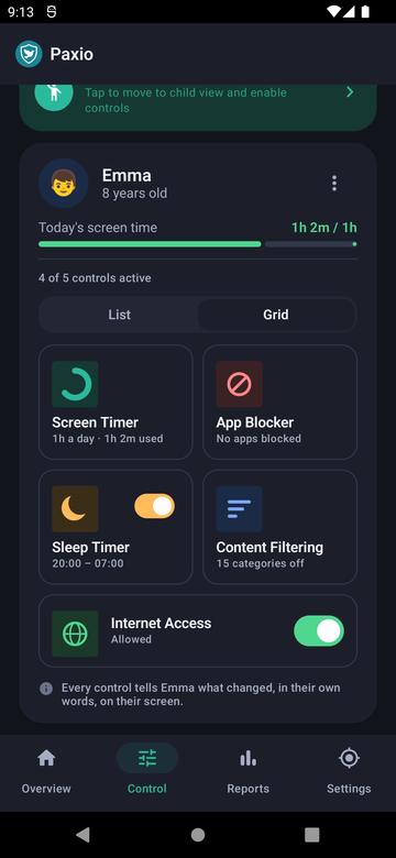 Paxio Control screen in Grid view, showing all 5 controls as tiles