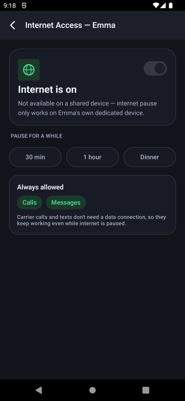 Paxio Internet Access screen with an on/off toggle, pause presets, and an Always Allowed section