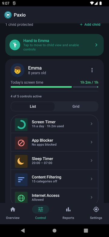 Paxio Control screen in List view, showing a child summary card and Screen Timer, App Blocker, Sleep Timer, and Content Filtering rows