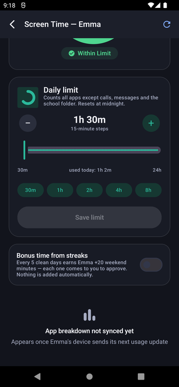 Paxio Screen Time screen showing the streak bonus toggle and app breakdown section