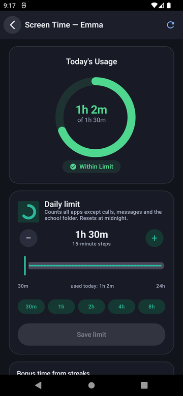 Paxio Screen Time screen showing today's usage ring and a daily limit slider