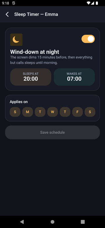 Paxio Sleep Timer screen with sleep and wake times and a day-of-week selector