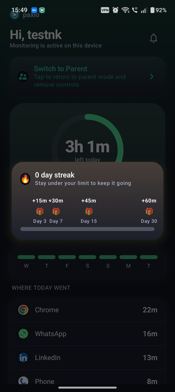 Paxio streak bonus card showing a day count and milestone rewards of +15, +30, +45, and +60 minutes at 3, 7, 15, and 30 days