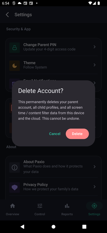 Paxio's Delete Account? warning dialog, with Cancel and Delete buttons