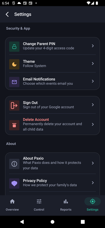 Paxio Settings screen showing the Delete Account row in red, below Sign Out
