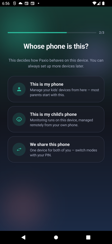 Paxio Whose phone is this? screen, with This is my phone, This is my child's phone, and We share this phone options