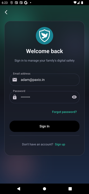 Paxio's Welcome back screen, with email and password fields, a Forgot password link, and a Sign In button