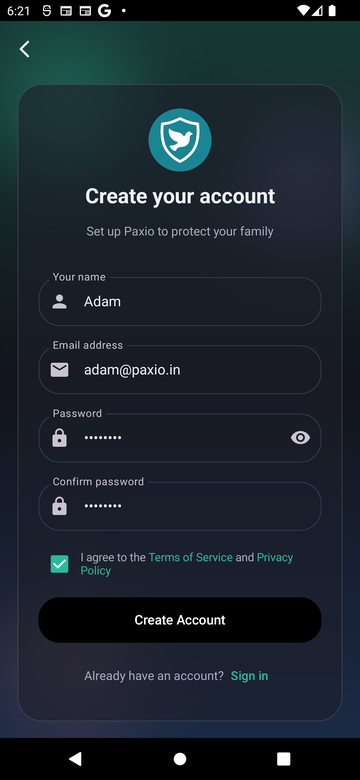 Paxio's Create your account screen, with name, email, password, and confirm password fields, and a Terms of Service checkbox