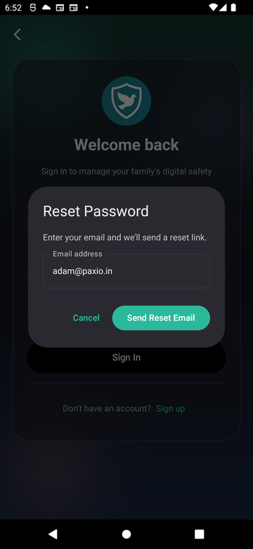 Paxio's Reset Password dialog, with an email field, Cancel and Send Reset Email buttons
