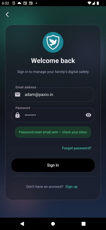 Paxio sign-in screen showing a green Password reset email sent confirmation banner