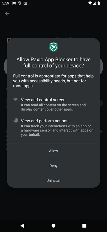 Android system dialog asking to allow Paxio App Blocker full control of the device