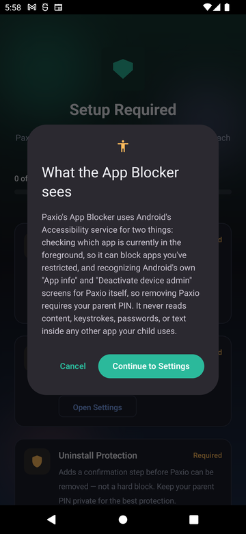 Paxio's What the App Blocker sees disclosure dialog, explaining what the Accessibility service is used for