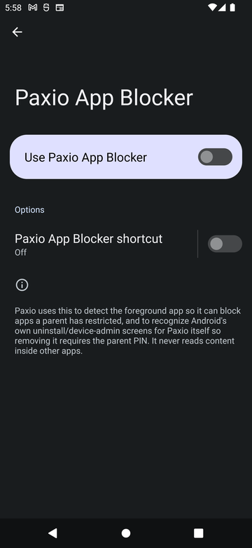 Android Accessibility settings for Paxio App Blocker, with a Use Paxio App Blocker toggle