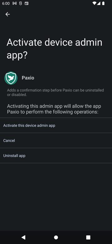 Android Activate device admin app? dialog for Paxio, with Activate, Cancel, and Uninstall options
