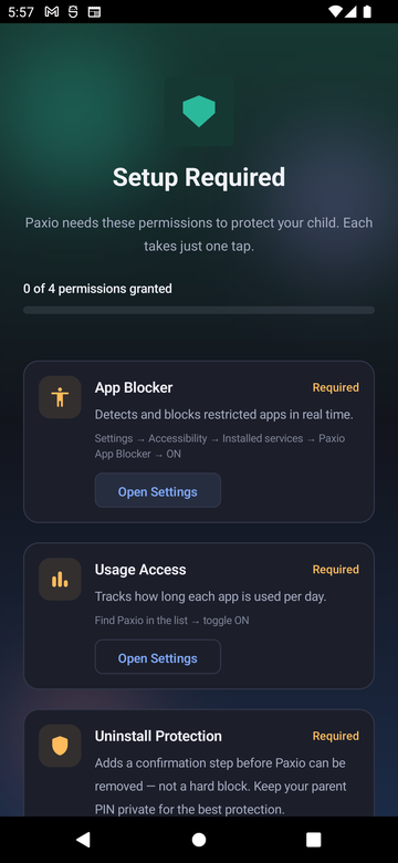 Paxio Setup Required screen showing a permissions-granted progress bar and App Blocker, Usage Access, and Uninstall Protection cards