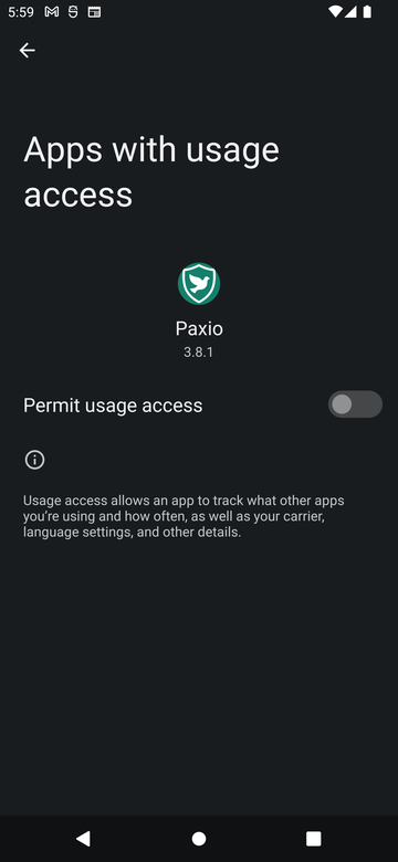 Android Apps with usage access screen for Paxio, with a Permit usage access toggle
