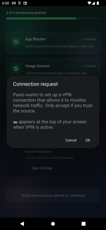 Android Connection request dialog for Paxio's local VPN, with Cancel and OK buttons