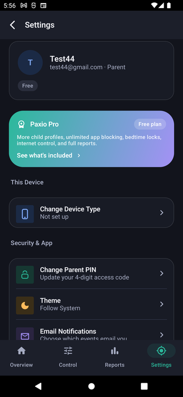 Paxio Settings screen showing the profile card, Paxio Pro upsell, This Device, and Security & App sections