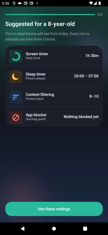 Paxio suggested settings screen for an 8-year-old, showing screen timer, sleep timer, content filtering, and app blocker defaults