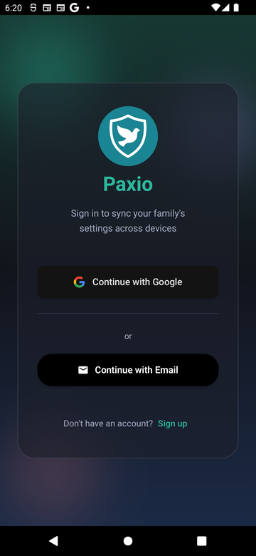 Paxio welcome screen in sign-in mode, with Continue with Google and Continue with Email buttons