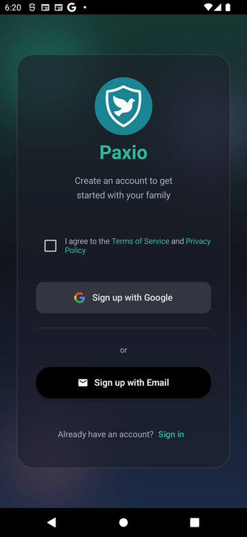 Paxio welcome screen in sign-up mode, with a Terms of Service checkbox, Sign up with Google and Sign up with Email buttons