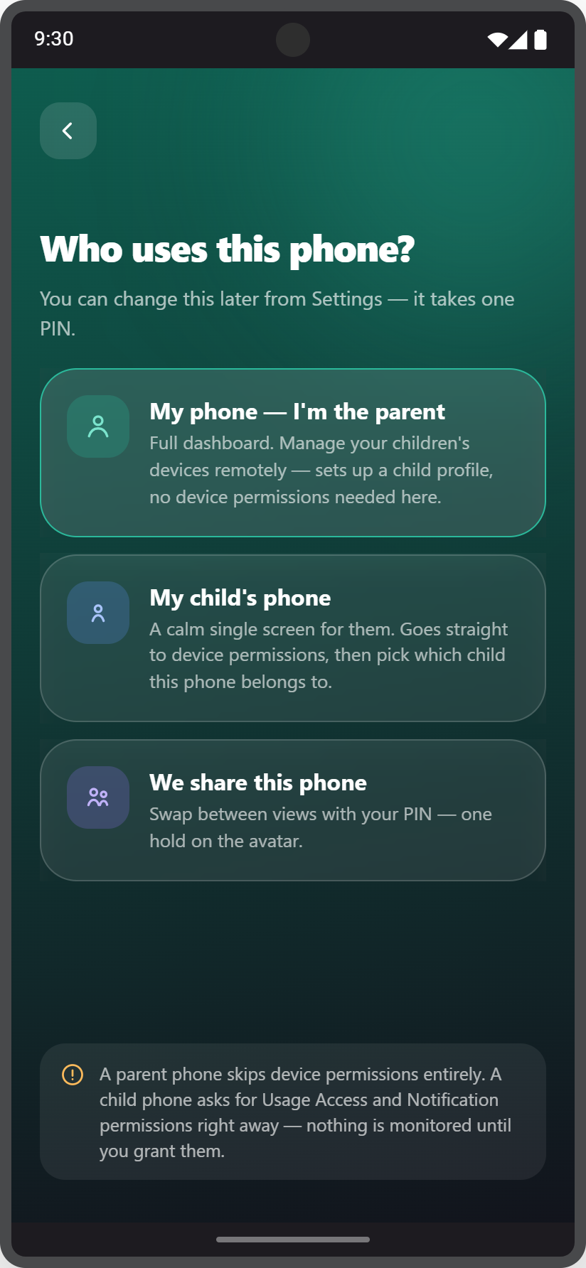 Paxio setup screen asking who uses this phone, with Parent, Child and Shared options