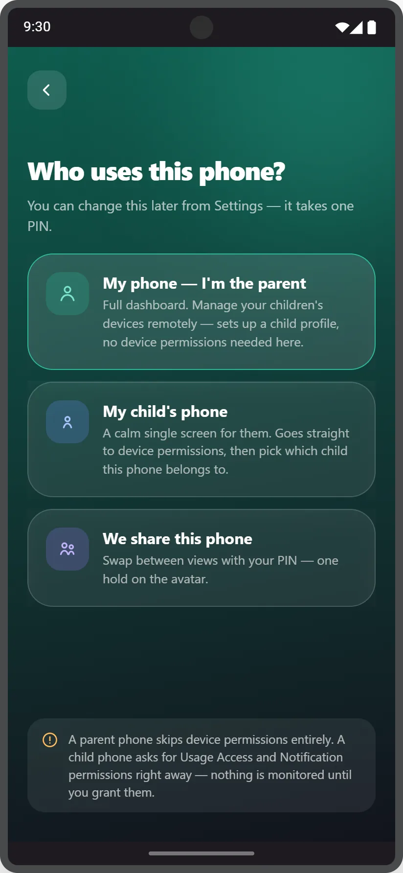 Paxio setup screen asking who uses this phone, with Parent, Child and Shared options