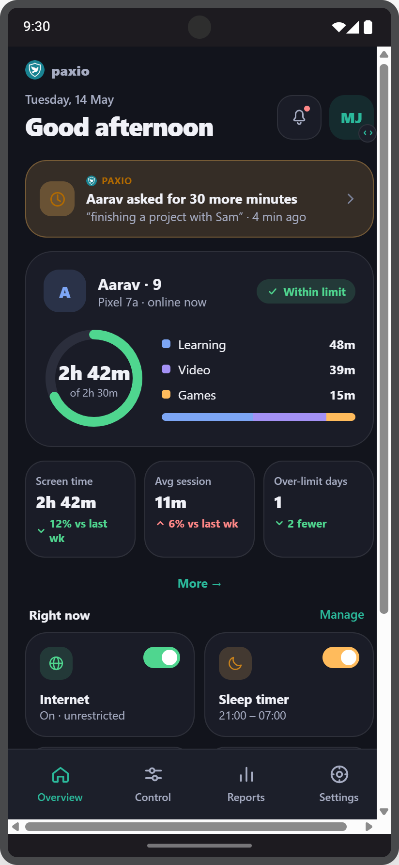 Paxio parent Overview screen showing screen-time trend stats and quick shortcuts