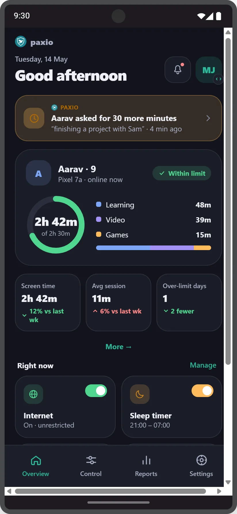 Paxio parent Overview screen showing screen-time trend stats and quick shortcuts